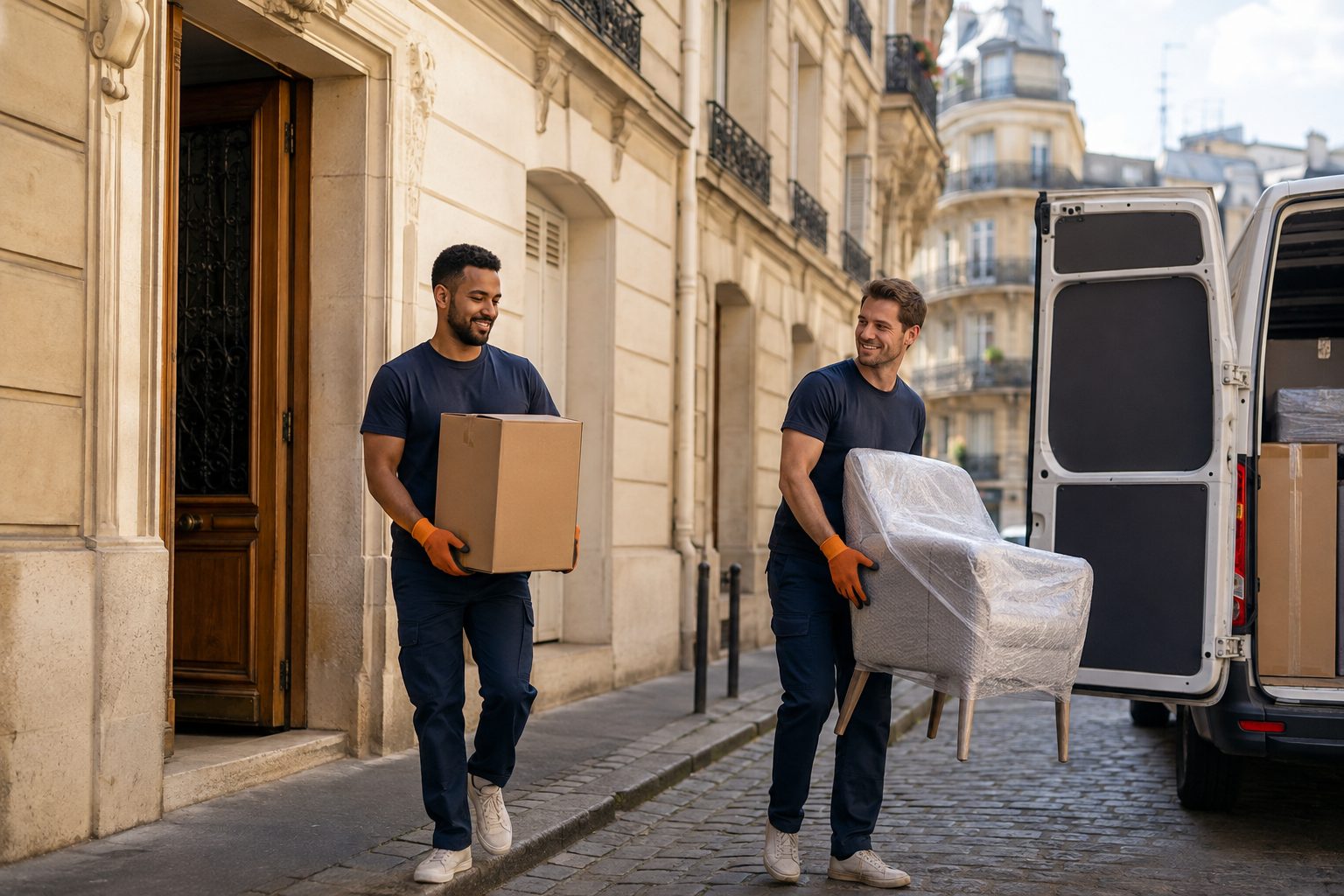 Deux déménageurs Mummuchu chargent un fauteuil et un carton dans le camion, rue de Paris