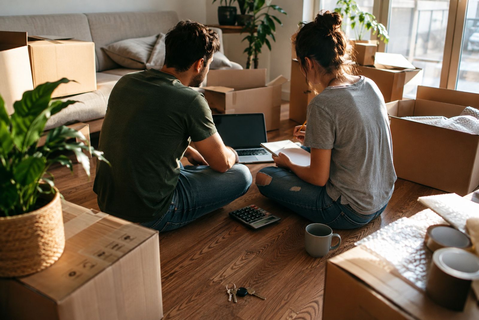 Couple assis parmi des cartons, ordinateur portable et calculatrice, préparant le budget du déménagement